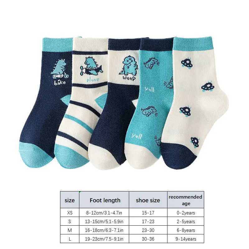 5Pairs Kids Socks Cartoon Dinosaur Striped Print Middle Tube Socks For Boys Girls Casual Warm Cotton Sock CL240824