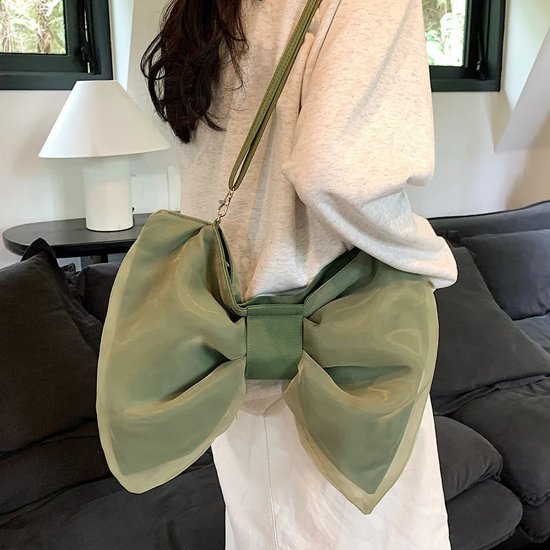 Summer Girl Handbags Fashion Cute Black White Green Chiffon Big Bow Shoulder Crossbody Bag For Women Daily Shopping Handbag 240823