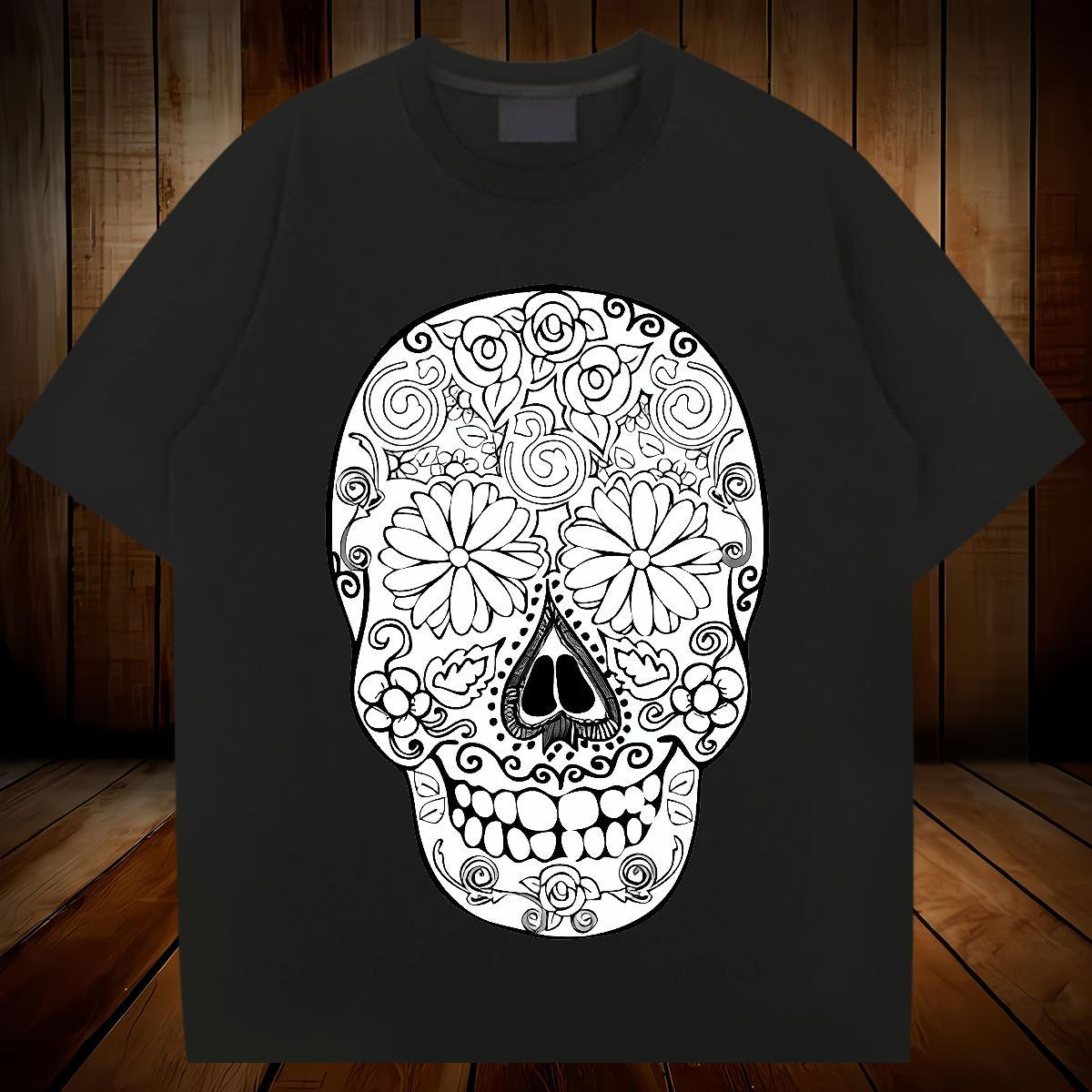 Loose T Shirts Men 230g Pure Cotton skull Casual Beach DIY Printed O Neck Short Sleeves Mens Tshirts Fashion Clothes