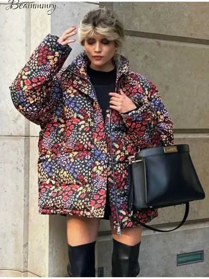 Women's Down Parkas Floral print thick womens cotton coat long Sleve zipper pocket flip cover womens jacket 2023 winter casual warm womens jacket