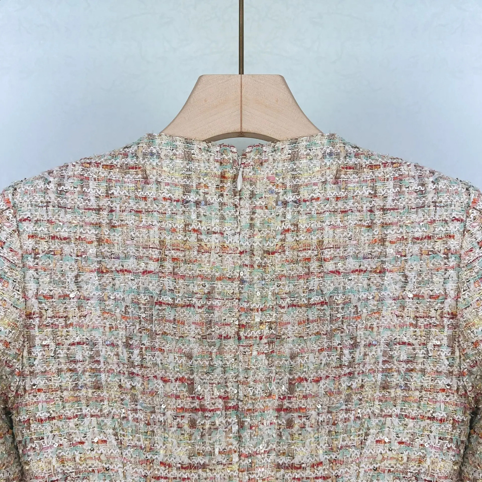 Women Colorful Tweed Dress Ruffles Spliced V-Neck Long Sleeve Single Breasted Elegant Autumn Mini Robe 240824