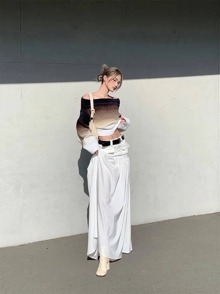 Gradient Fashion Off Shoulder Sweater Women Knitted Long sleeve Cropped Pullover Autumn Casual Female Chic Top Knitwear 240824