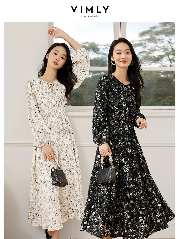 VIMLY Womens Elegant Long Sleeve Floral Print V-neck Casual Dress A-Line Knee-Length Elastic Waist Spring Autumn A-Line Dress 240824