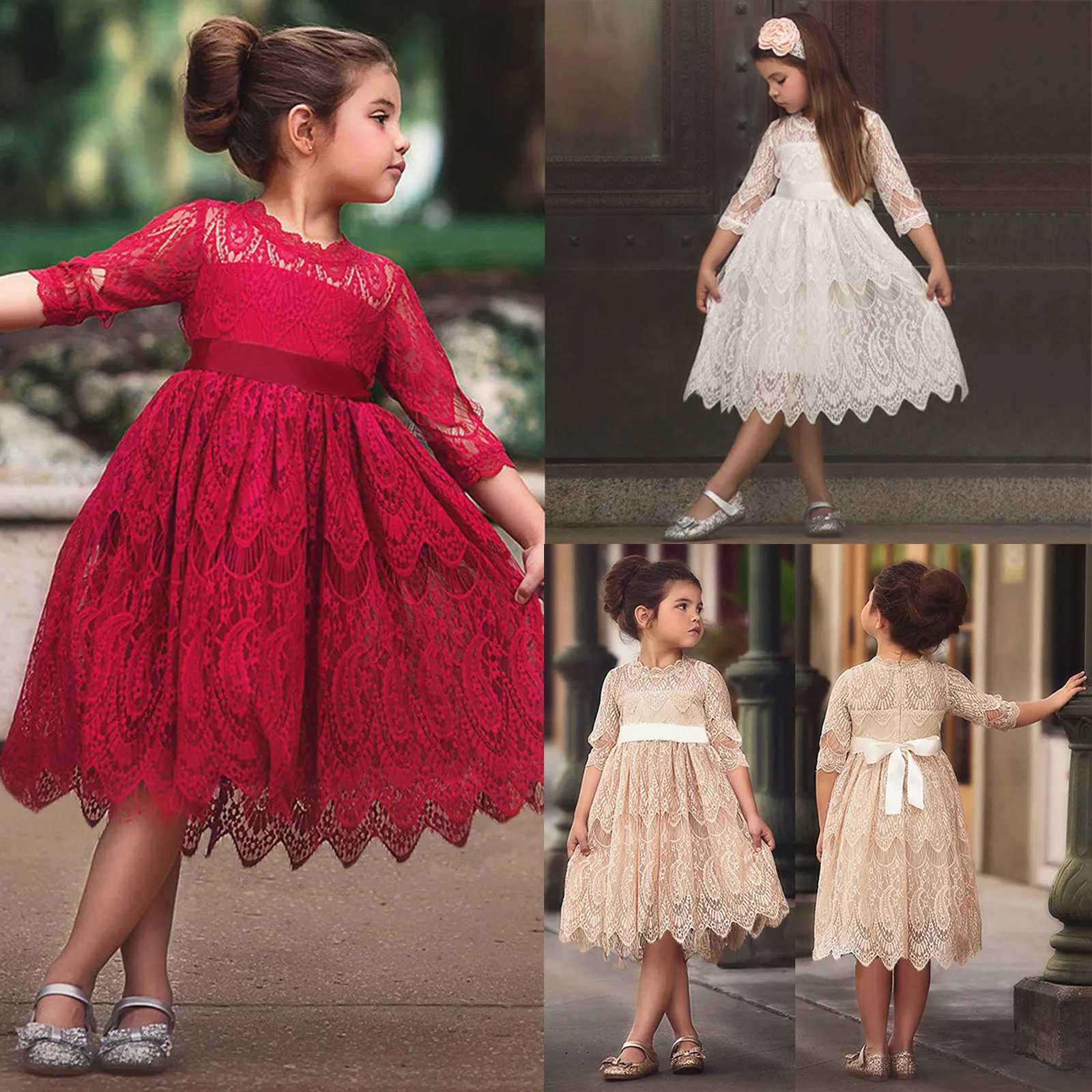 Clothing Lace Princess Dress Party Girl Flower Decoration Dress Preschool Bow Baby Girl Childrens Christmas Dress W240823