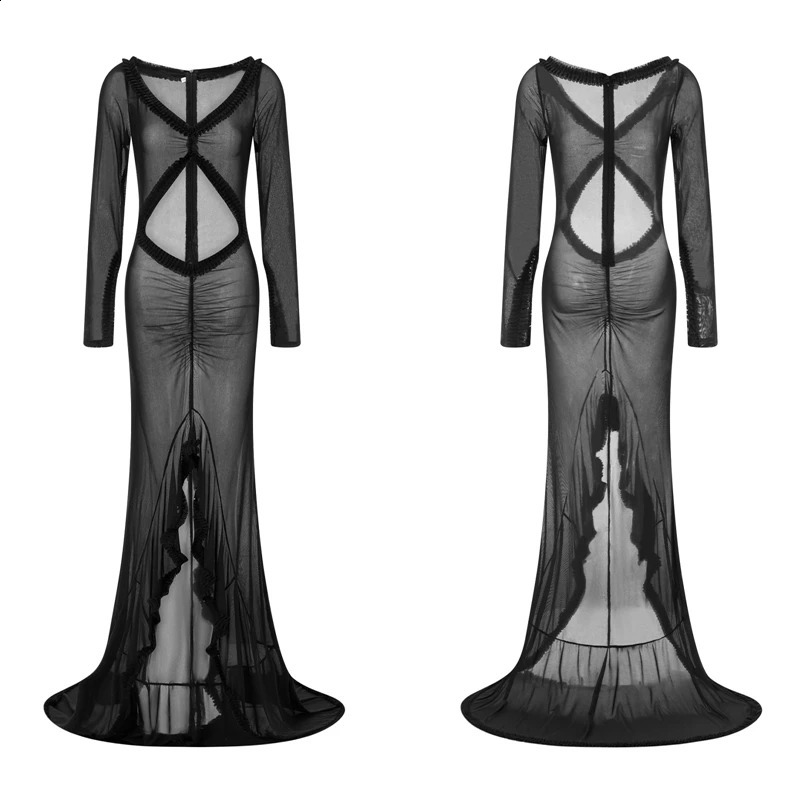 Beach Vacation Sexy Mesh Sheer Women Dress Ruffles Lace Ruched Bodycon Maxi Dress Elegant Hollow V-Neck Splits Long Sleeve Dress 240823