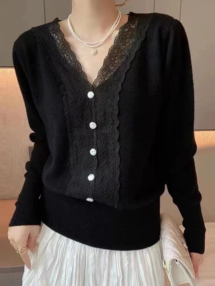 Autumn Sweater Women French Style Knitted Pullover Female Elegant V Neck Lace Knitwear Top Ladies Casual Slim Thin Sweaters 240824