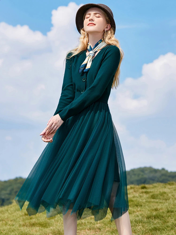 I BELIEVE YOU Knitted Dresses Autumn Winter Korean Vneck Long Sleeves Patchwork Mesh Dress Slim Midi Female Vestios 2214134094 240824