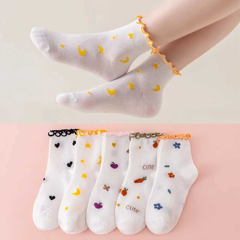 5 Pairs Girls Socks Curled Edge Socks Cute easiest for match Girls Mid-calf Socks Summer Thin Cotton Socks CL240824