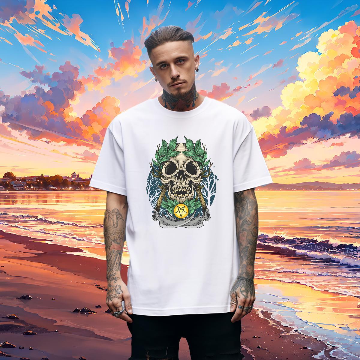 High Quality Mens T Shirts 230g 100% Cotton skull Hip Hop Floral Print O-Neck Short Sleeve Men Clothes T-Shirt Classic Casual Top Tees