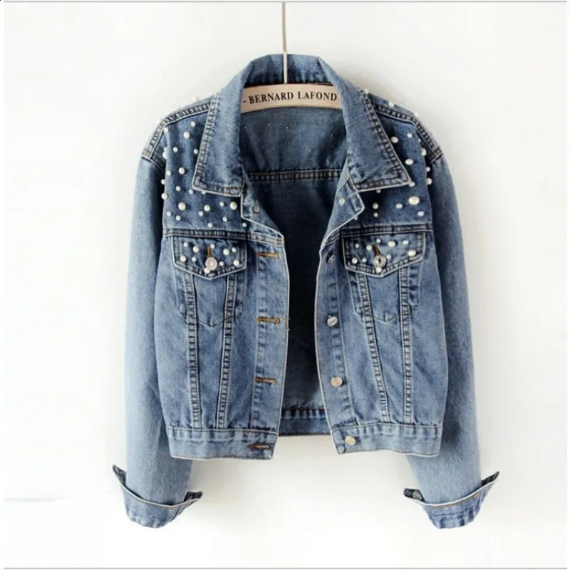 Womens Short Denim Jacket Beaded Pearl Jacket Loose Spring and Autumn Denim Jacket 240824
