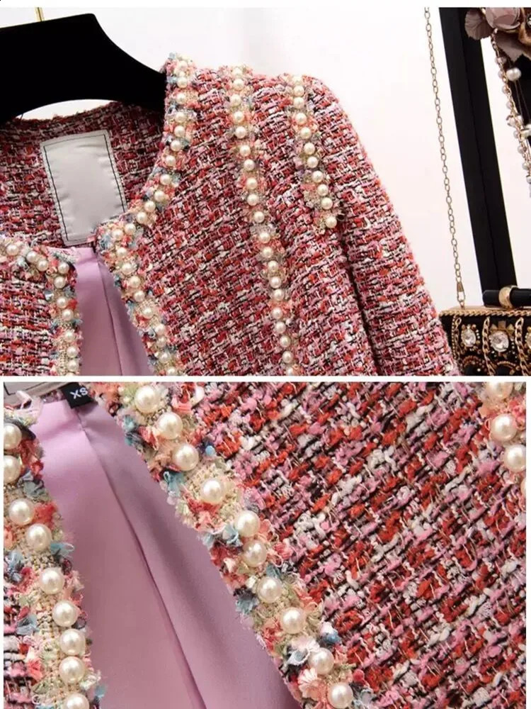 Winter Wool 2 Women Elegant Thick Short Jacket Coat Colorful Plaid Beading Tweed Vest Dress Two Piece Set 240823