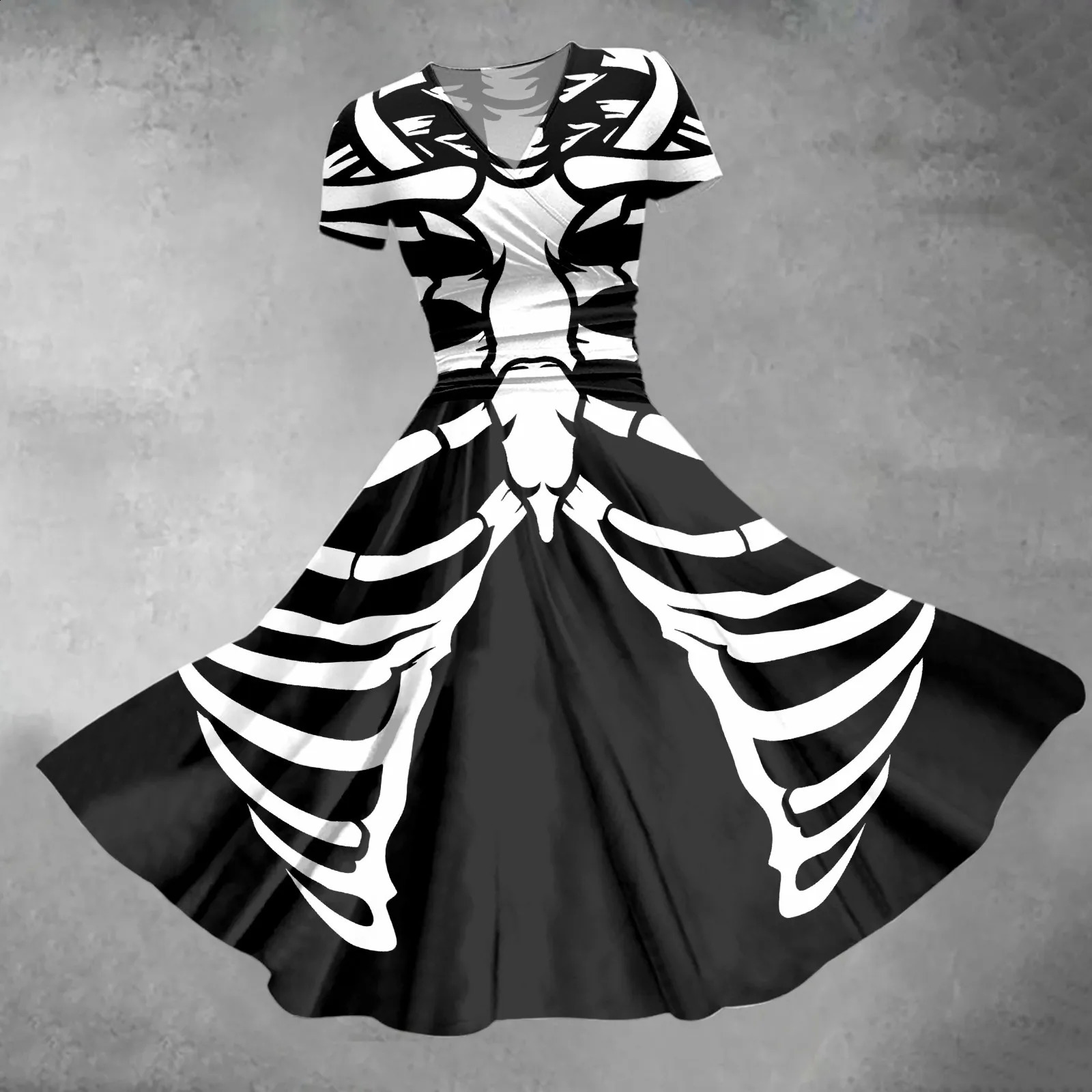 Womens Halloween dress with horror theme skull print Vneck unique short sleeved long skirt and large swing Aline costume w240824