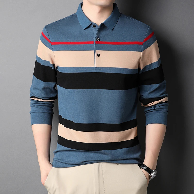 Long sleeved 100% pure cotton green mens polo shirt highquality spring and summer business casual striped top 3xl 240823