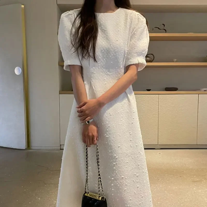 Iyundo Tweed Long Dresses O-neck Puff Sleeve Striped A-line One Piece Korea Dress Vintage Casual Young Lady Skirt Spring Clothes 240824