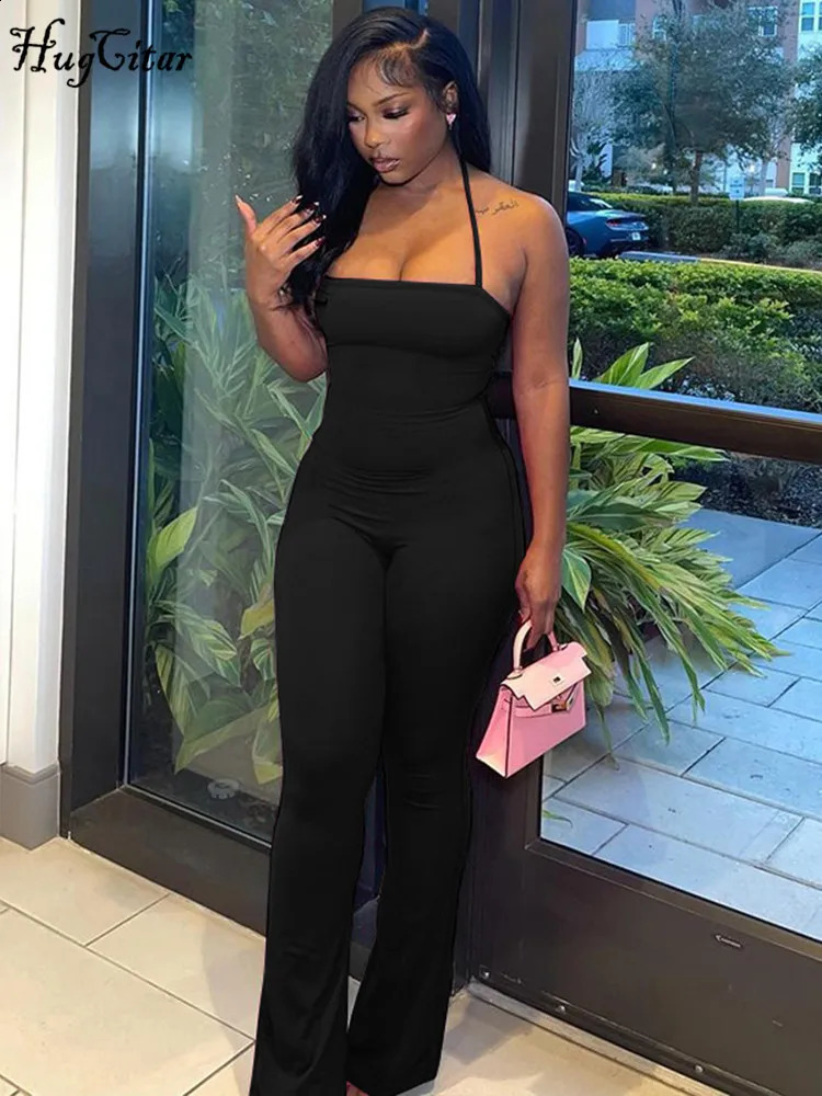 Hugcitar 2024 Spring Halter Solid Sleeveless Backless Sexy Bodycon Flare Pants Jumpsuit Women Casual Rompers Streetwear Festival 240823