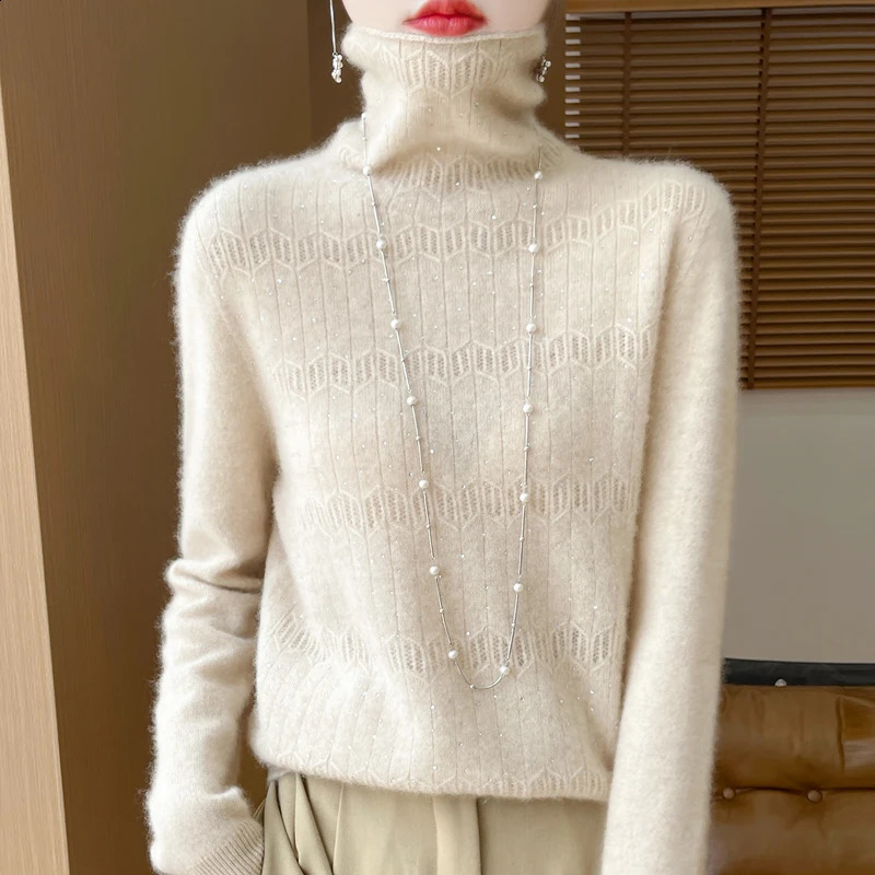 Womens Pullover Autumn/Winter 100% Pure Wool Sweater Casual Solid Knitted Sweater Turtleneck Loose Tops Fashion Hollow Blouse 240824