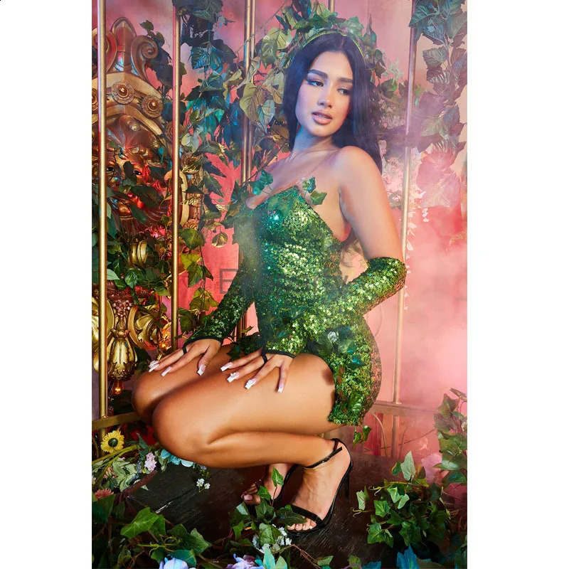 Womens Halloween Poison Villain Costume y Sexy Green Elf Role Playing Glitter Dress and Leaf Ladies Carnival Party w240824