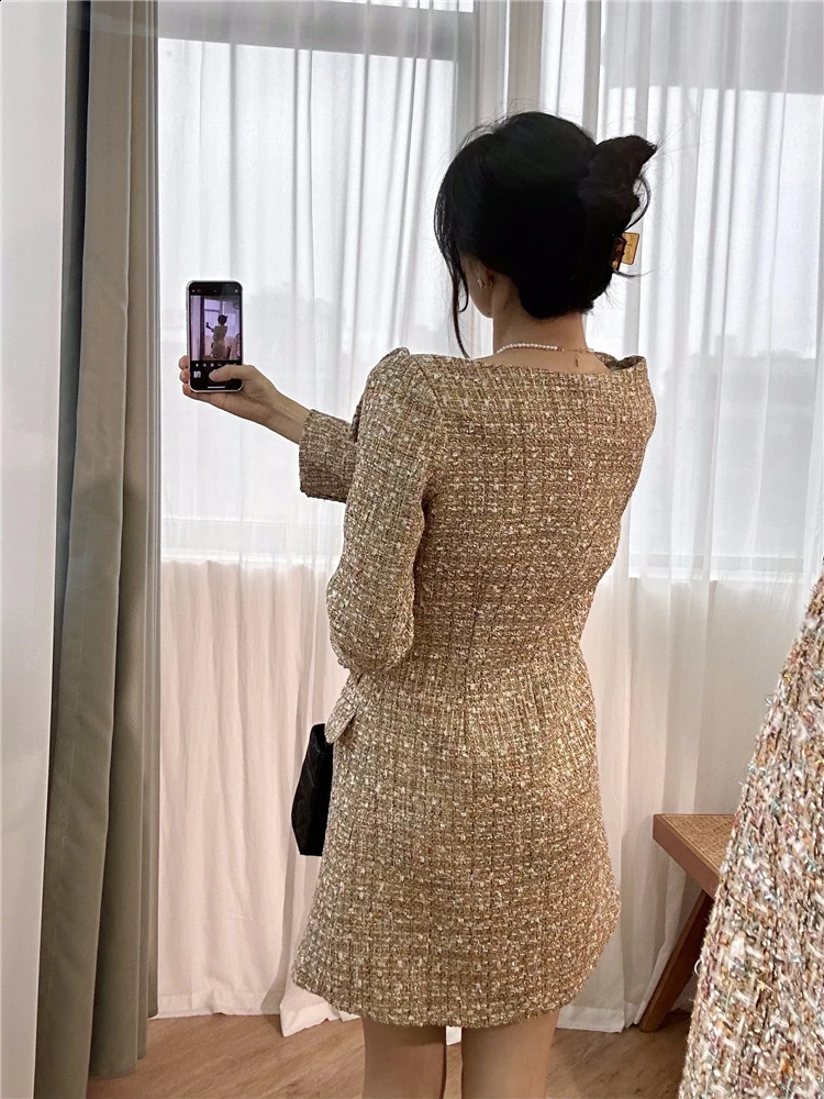 Autumn Elegant Women Slash Neck Double Breasted Tweed Dress Vintage Office Ladies Work Party Slim Waist Long Sleeve Mini Dresses 240824