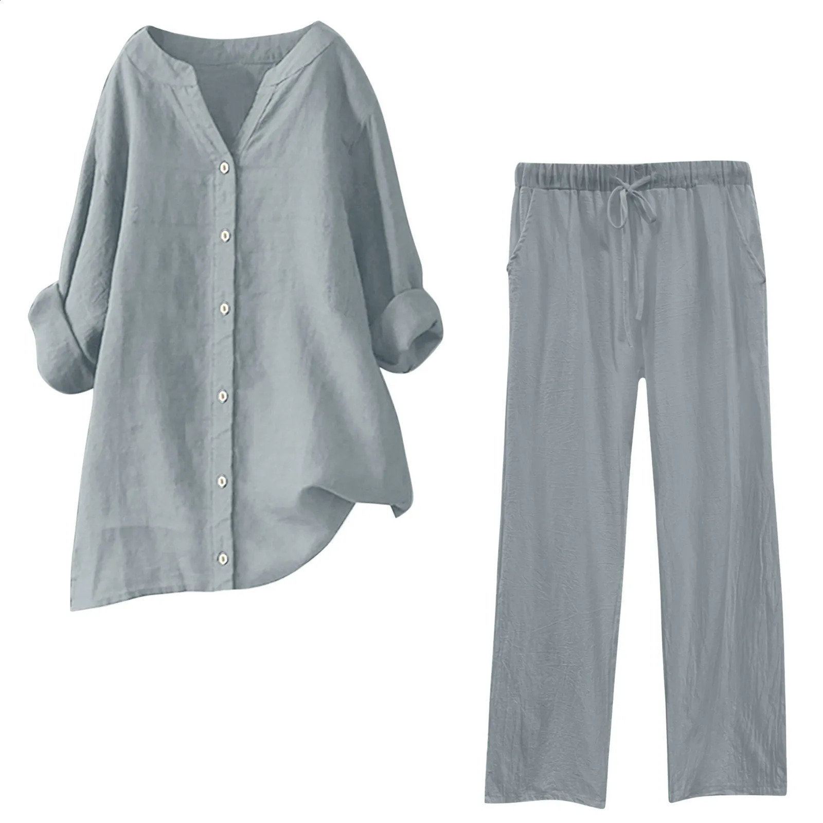 Womens solid single chest shirt 2piece set casual Vneck long sleeved toppants chic high waisted Trouser street 240823