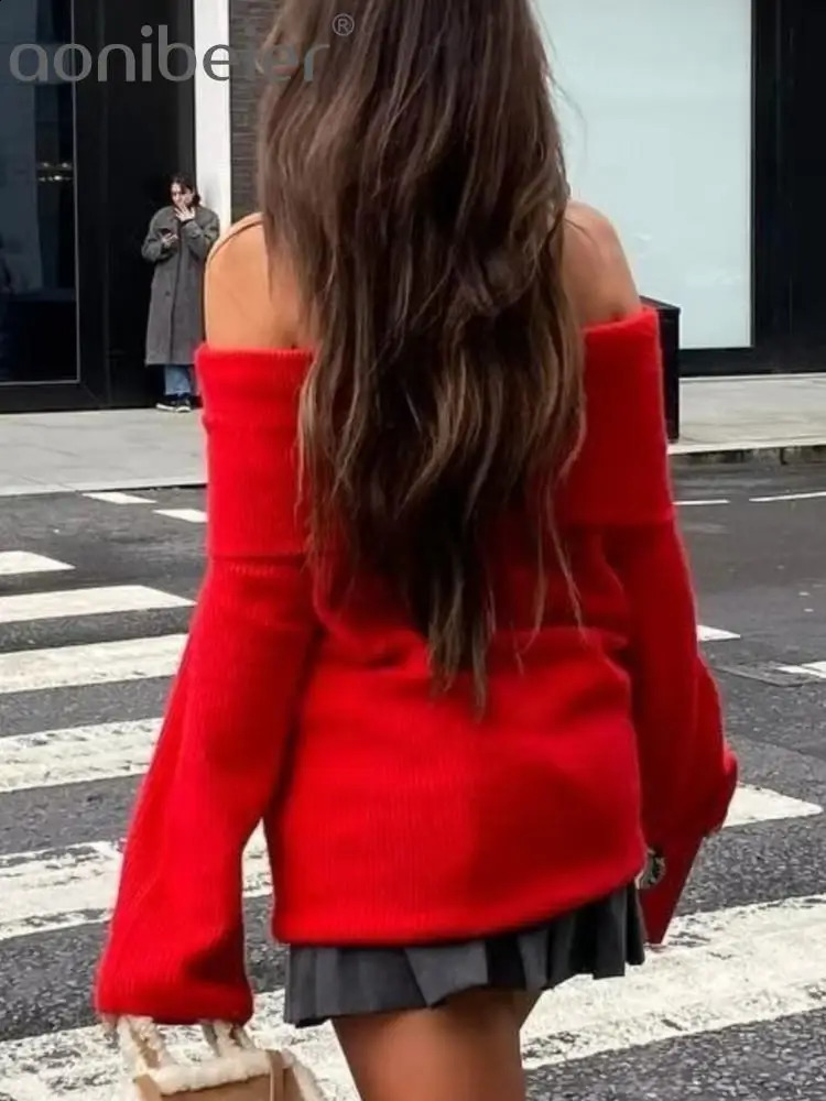Aonibeier Off Shoulder Women Sweater Traf Autumn Long Sleeve Slash Neck Knitted Pullovers Female Top Y2K Jumpers Red Pull 240824