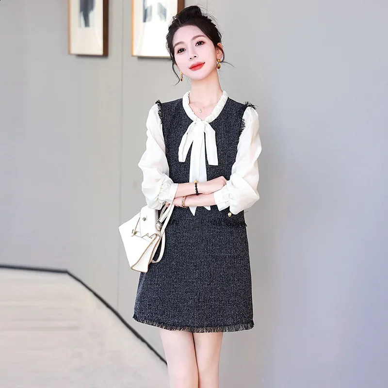 Bow Collar Small Fragrance French Dress Female Spring Loose Sweet Long Sleeve Stitching Light Tweed Office Women Mini Dress 240824