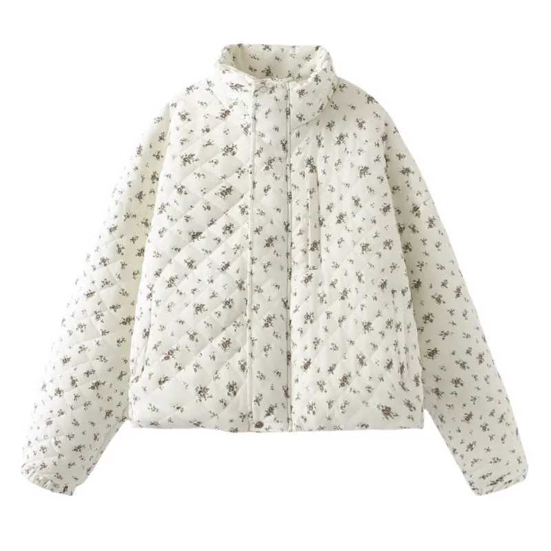 Womens Down Parkas Floral print Swt chic winter jacket 2024 new vertical collar zipper fashionable cotton jacket casual loose warm casual womens cloth