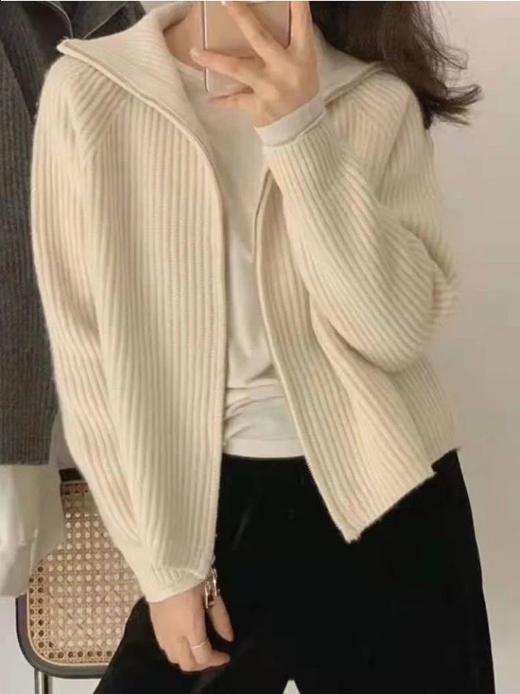 Deeptown Casual Knitted Cardigan Sweaters Women Autumn Vintage Zip-up Solid Loose Long Sleeve Tops Knitwear Chic Kpop 240824