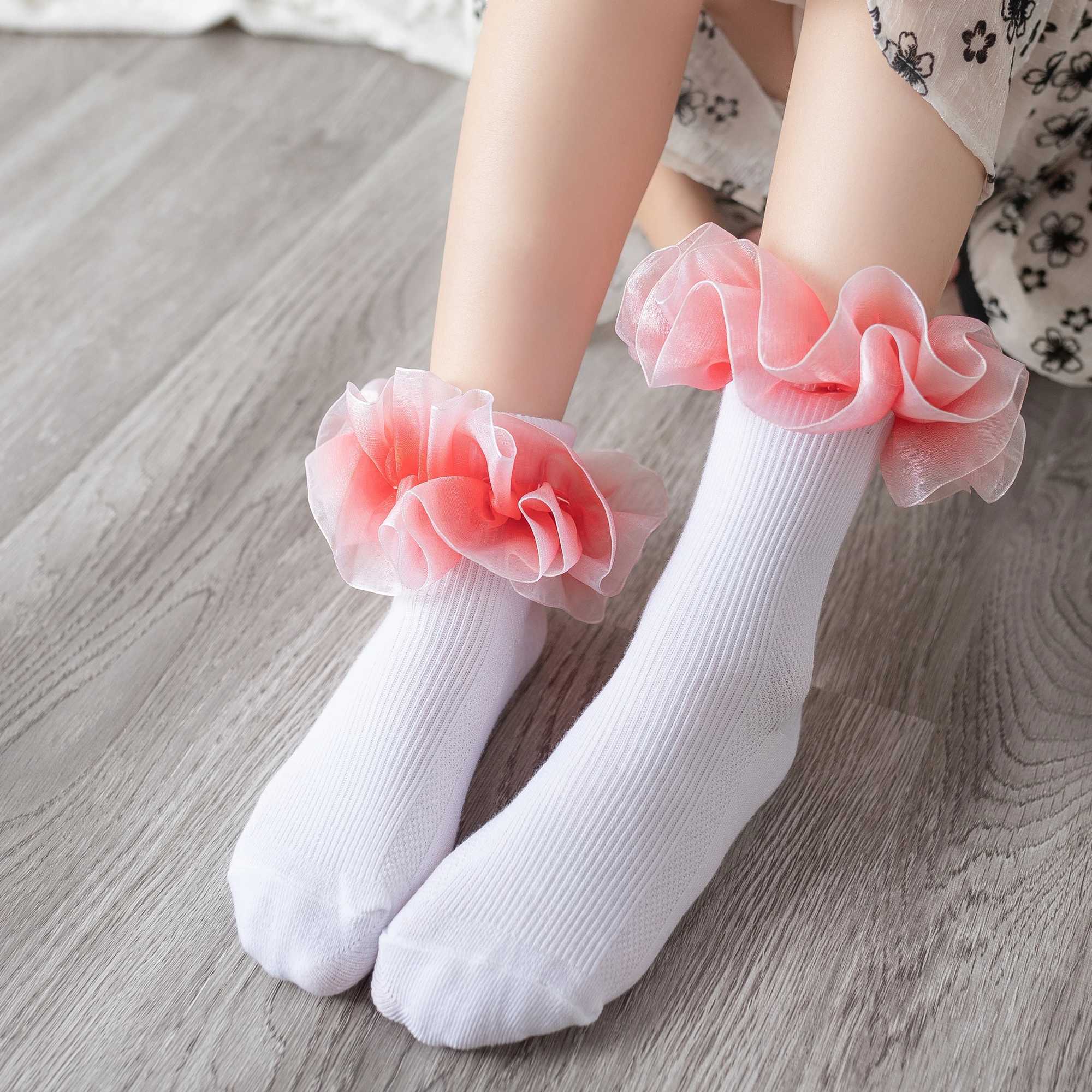 Rainbow - colored ruffled cotton socks childrens flanged dance socks princess cotton socks for students comfortable and breat CL240824