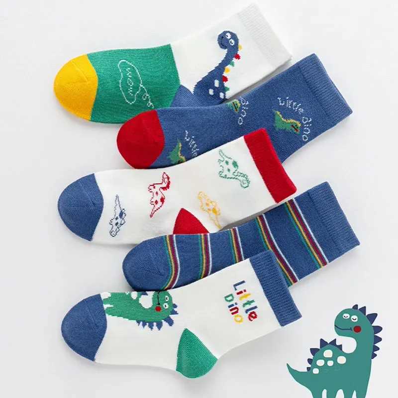 5Pairs Kids Socks Cartoon Dinosaur Striped Print Middle Tube Socks For Boys Girls Casual Warm Cotton Sock CL240824