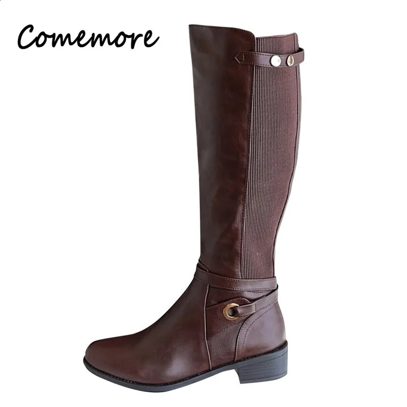 Comemore womens buckle length knight boots womens combat boots womens low heel shoes plus size womens zipper leather knee high boots 240823