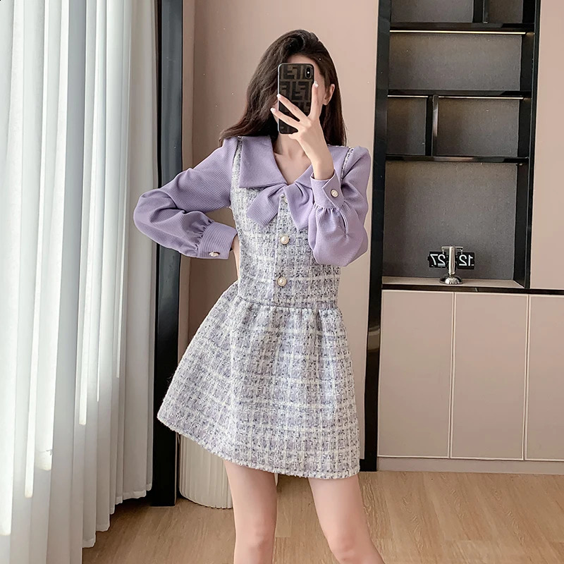 Purple Tweed Dress Women Small Fragrance Patchwork Long Sleeve High End A-line Mini Dresses Elegant Vestidos French Style 240824