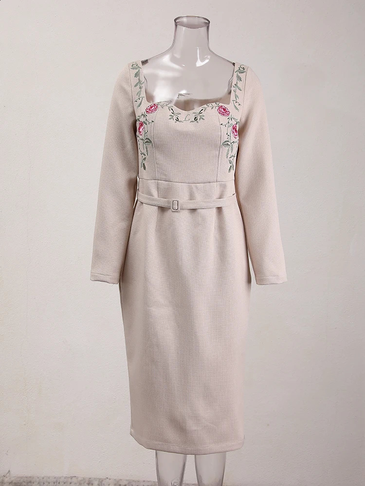 IEQJ French Niche Womens Dresses Square Collar Long Sleeve Flower Embroidery Tweed Dress Fashion Clothing 3WQ7763 240824