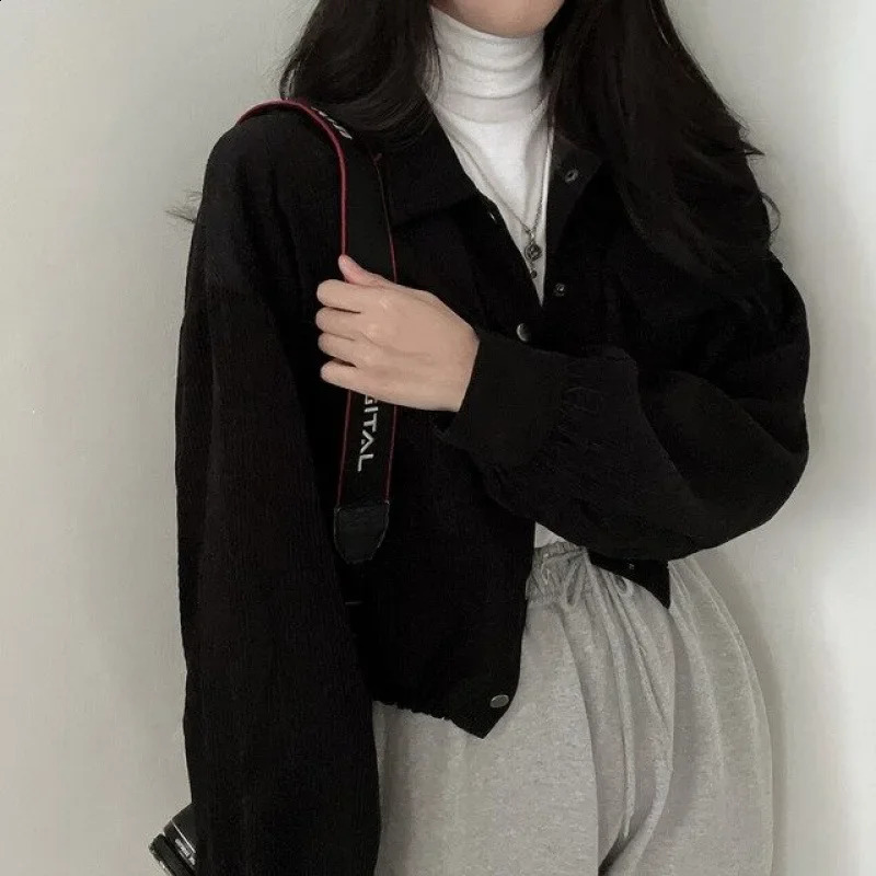 Chic Korean Vintage Simple Lapel Cropped Long Sleeve Shirt Top Corduroy Loose Fit Jacket For Women Model 240823