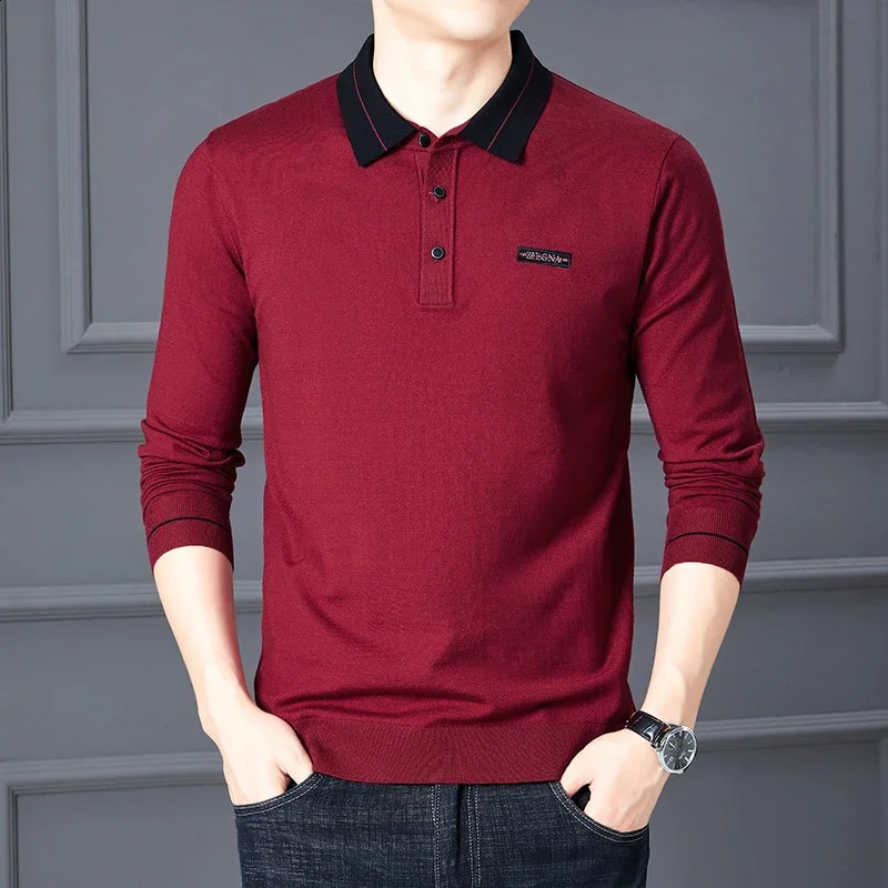 Spring and autumn retro contrast color lapel T-shirt mens business casual long-sleeved all-match polo shirt 240824