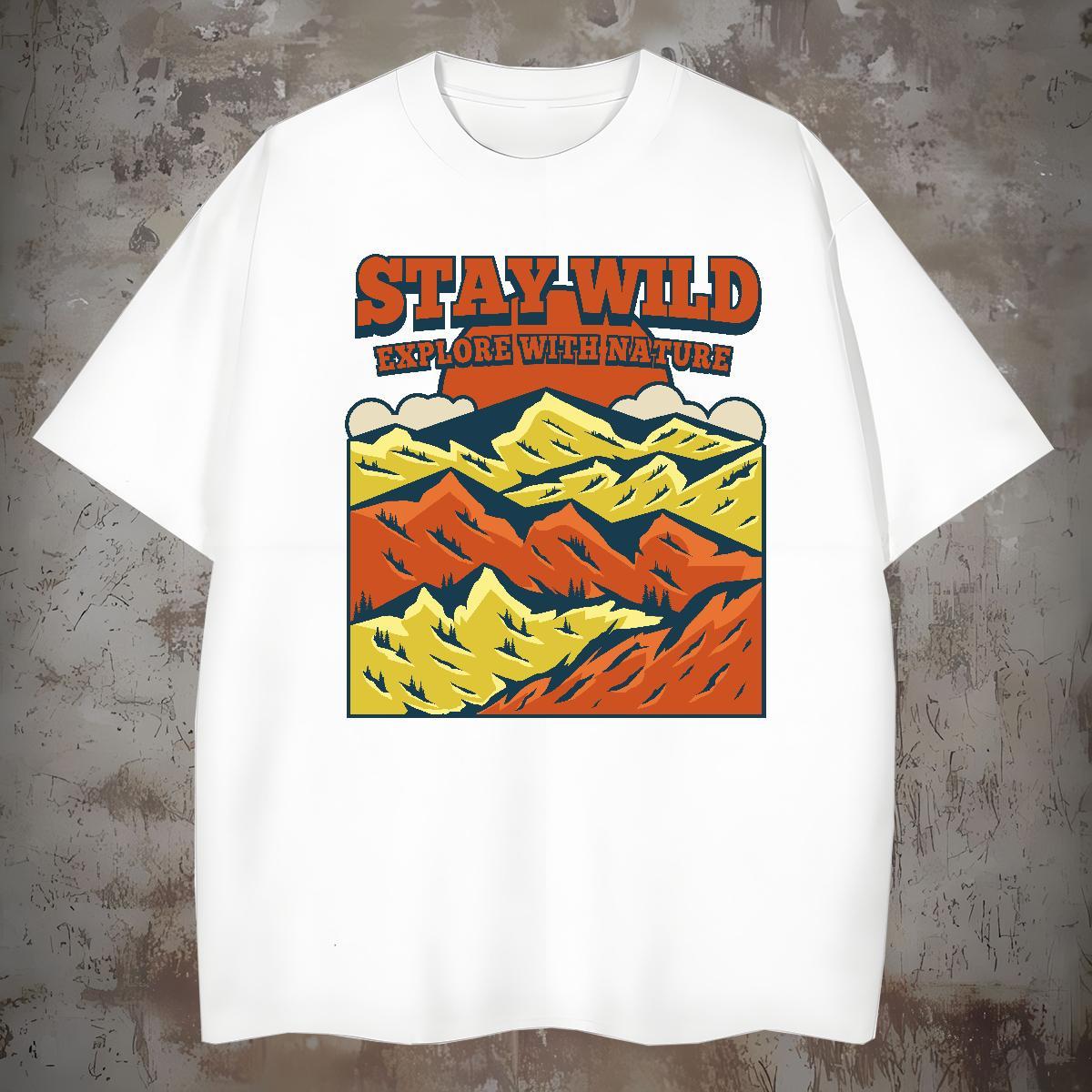 Loose T shirt 100% Cotton 230g mountains Street wear Hip Hop Cartoon Printing L-4XL Breathable Short Sleeve Tshirt for Man Woman Designer Tops