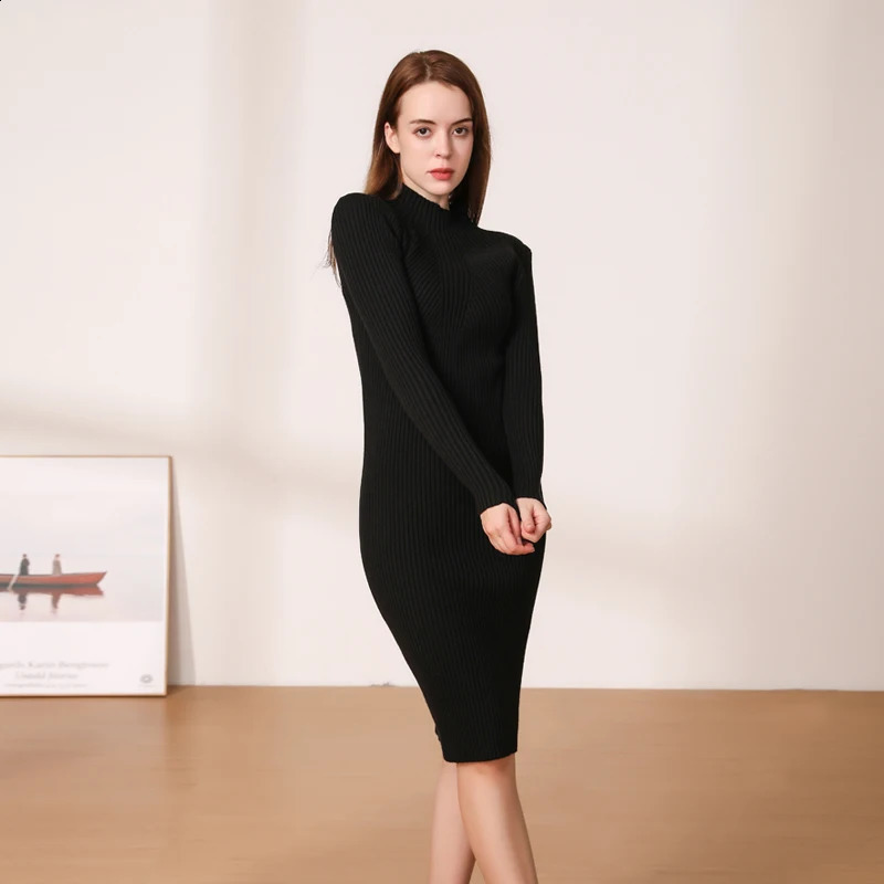 Midi Dress Winter Knitted Sweater Casual Womens Dresses Ladies Clothing Clothes Korean Fashion Robe Elegant Black Tight 240823