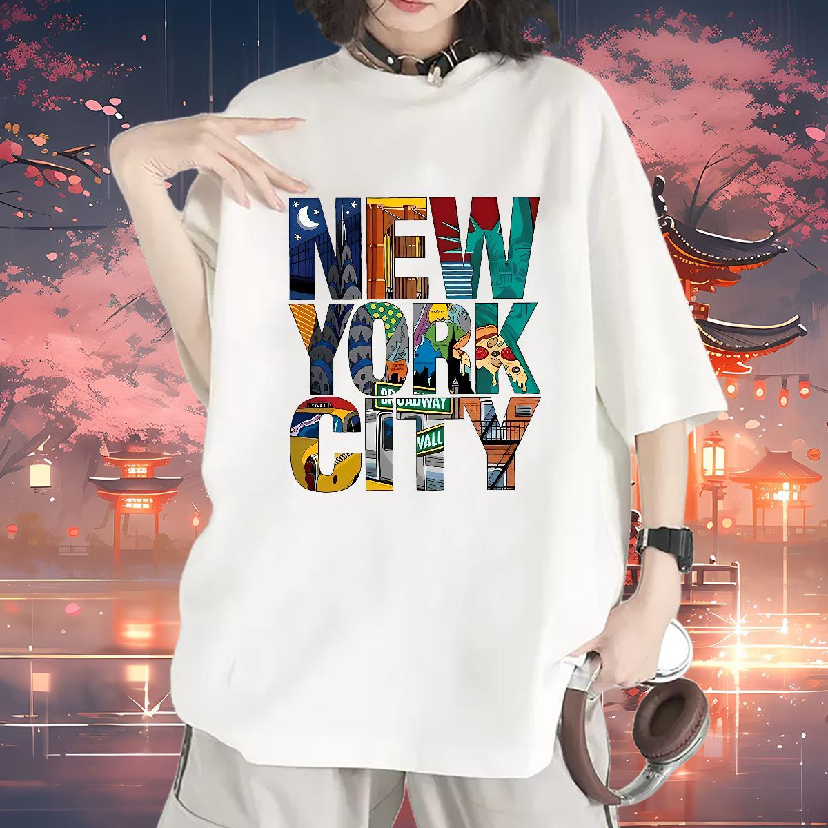 Female Women Tshirts 230g Pure Cotton New York Home Outdoor Woman T Shirts Breathable Crew Neck DIY Anime Printed Clothes