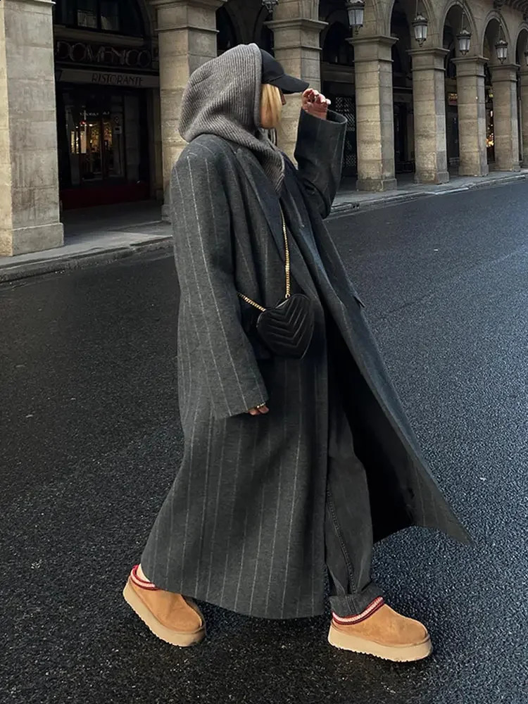 2024 Dark Grey Stripe Woolen Overcoat Fashion Lapel Long Sleeves Loose Coats Autumn Lady Commute Office Outwear 240823