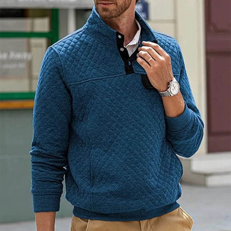 Casual plain sports shirt mens retro stand up collar button long sleeved zipper autumn fashion patch work loose polo 240823