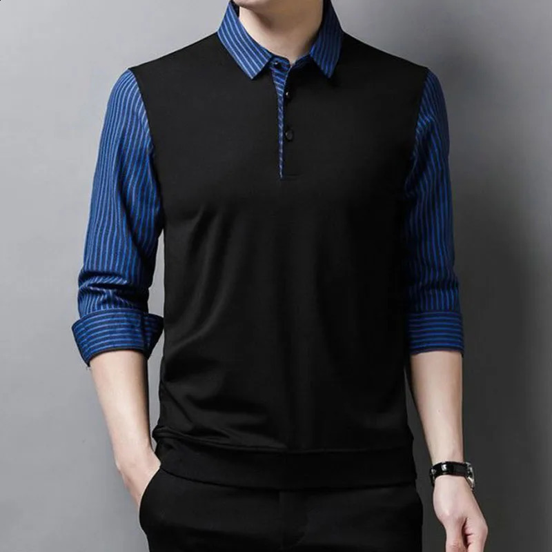 Fashion Men Striped Long Sleeve Polo Shirts Spring Autumn Cotton Patchwork Male Clothes Lapel Business Loose Solid Casual Tops 240824