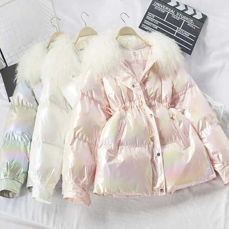 Women's Down Parkas Big Fur collar Glossy Parka Cotton Jacket Womens Winter New Korean Loose Warm Coat Female Thicken Outwear Casual Parkas Jacke