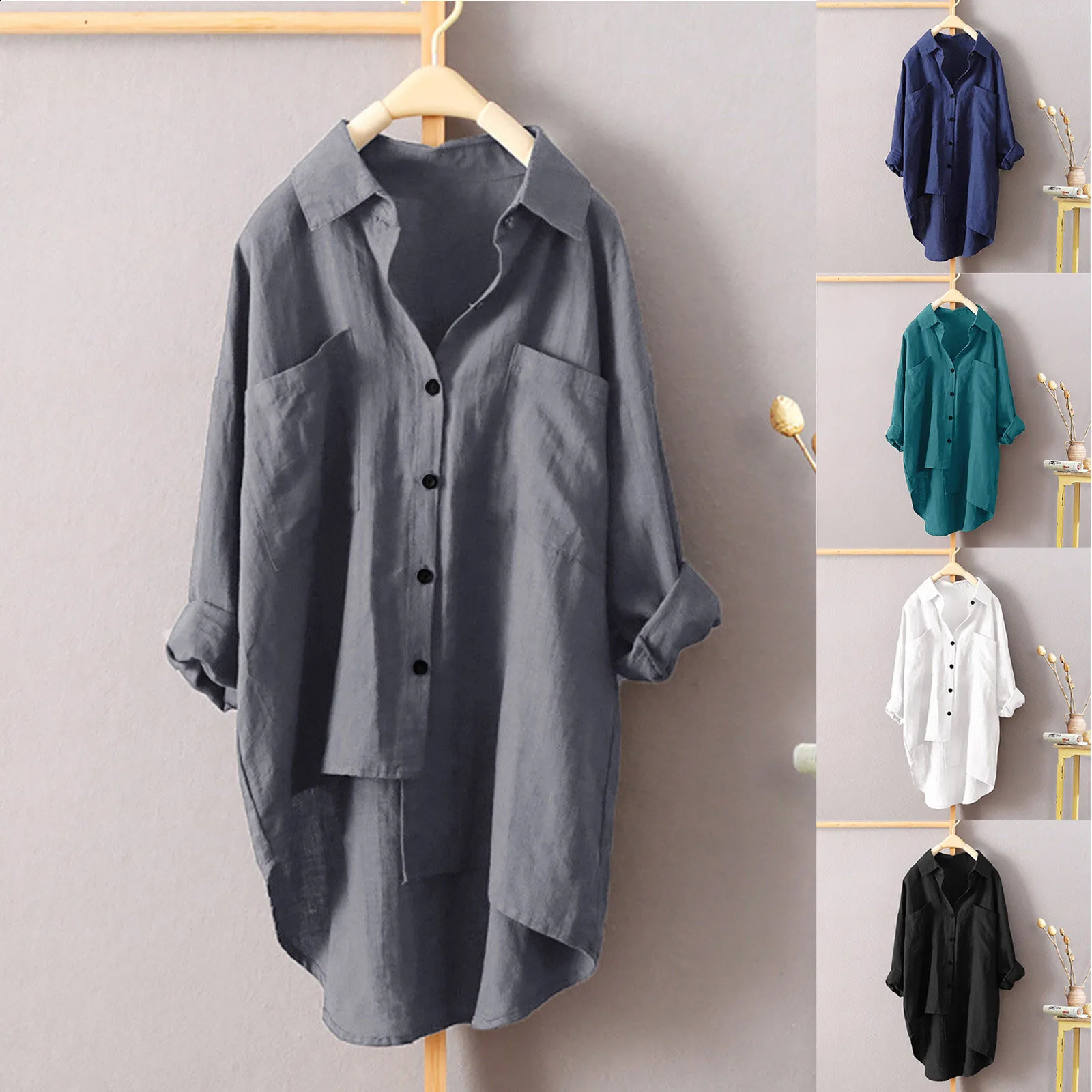 Solid Cotton Linen Blouse Soft Sun protection Shirts Tops V-neck Plus Size Blouse Women Shirts Blouse Long Sleeve 1PC 240823
