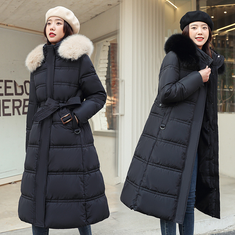 Wind Winter New Down Cotton Jacket Womens Long Knee Length Large Fur Collar Korean Version Slim Belt Coat Cotton