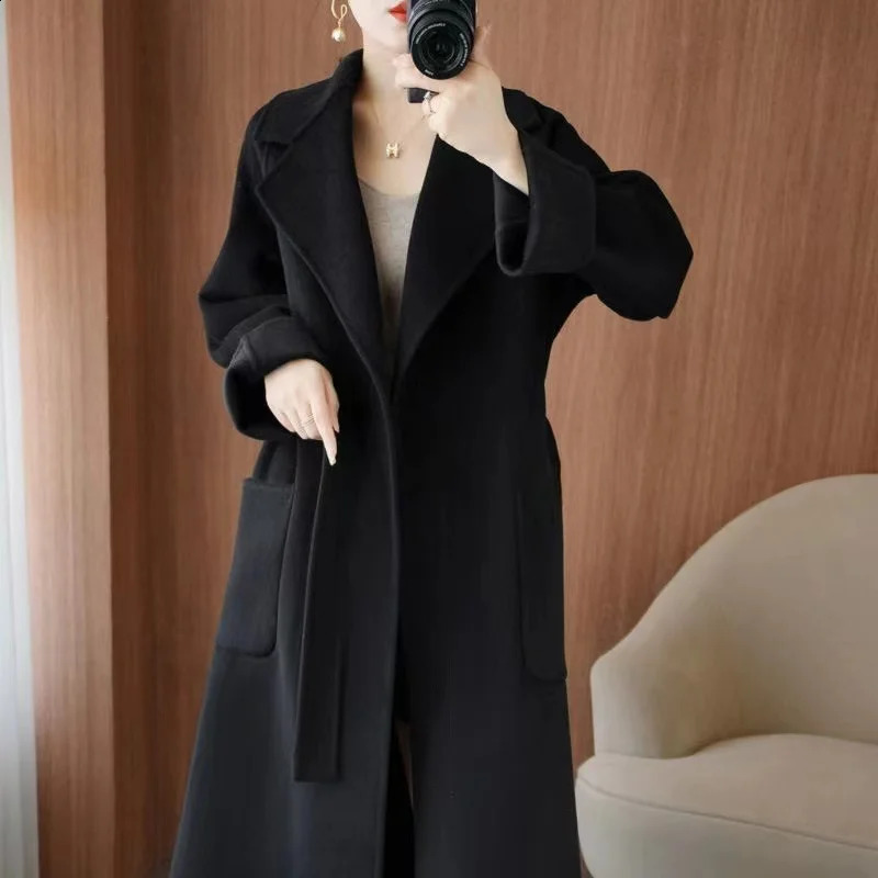 Womens 100% wool coat autumn and winter fashionable temperature double-sided cashmere coat with elegant long coat 240824