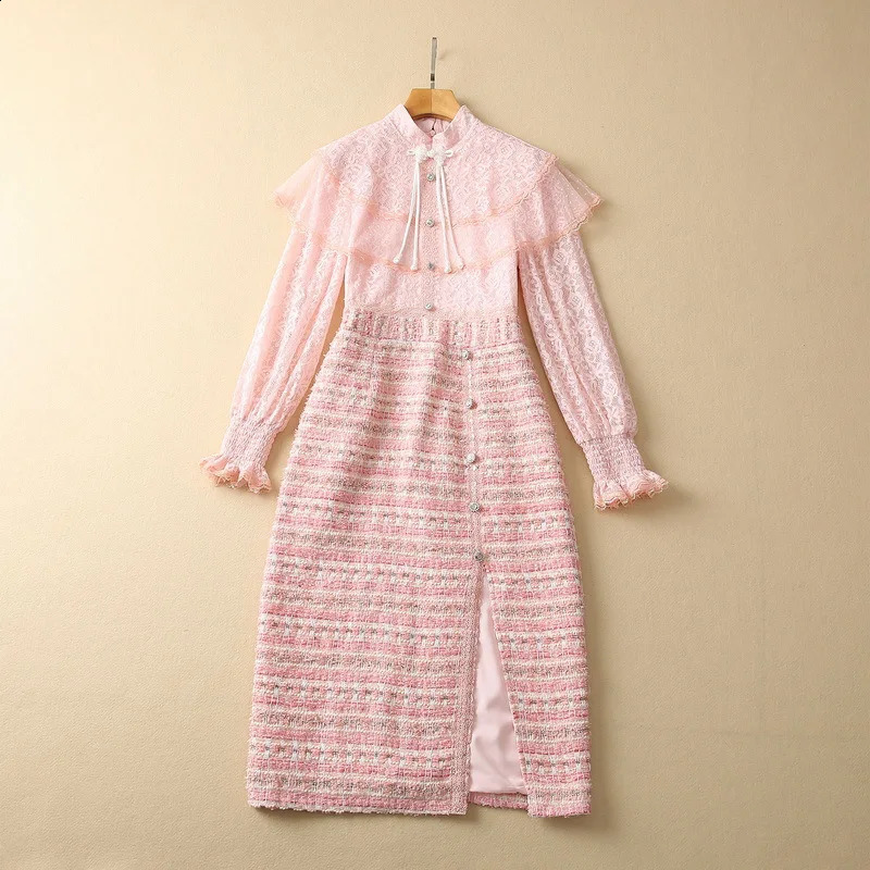 European and American womens clothes spring pink Long sleeve flared sleeve lace stitching tweed Fashion Dress XXL 240824