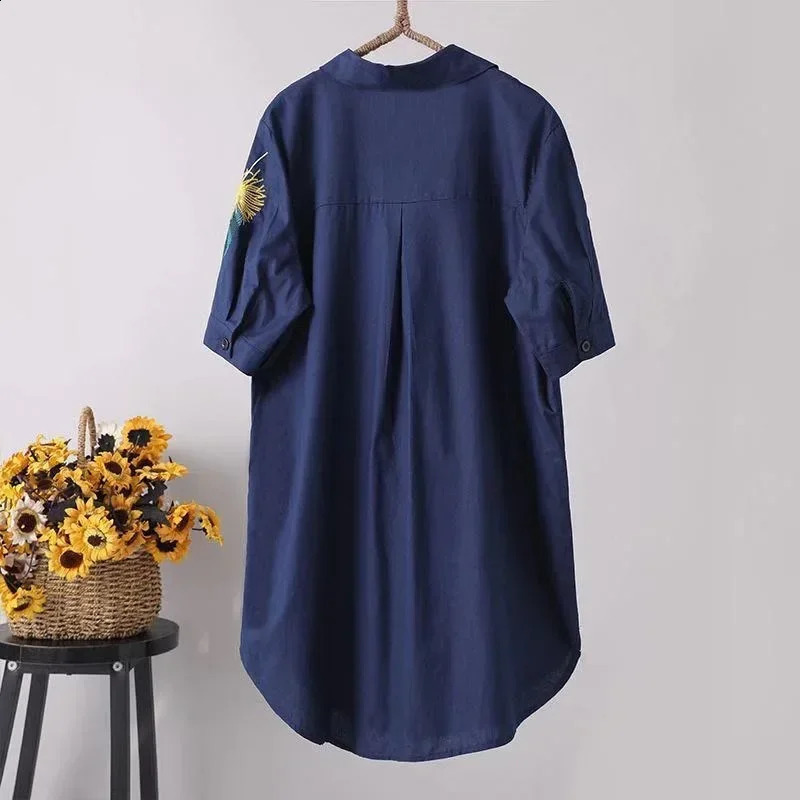 Feather Embroidery Long Blouse Women Short Sleeve Art Loose Blue Blouses and Tops Button Down Shirts 240823