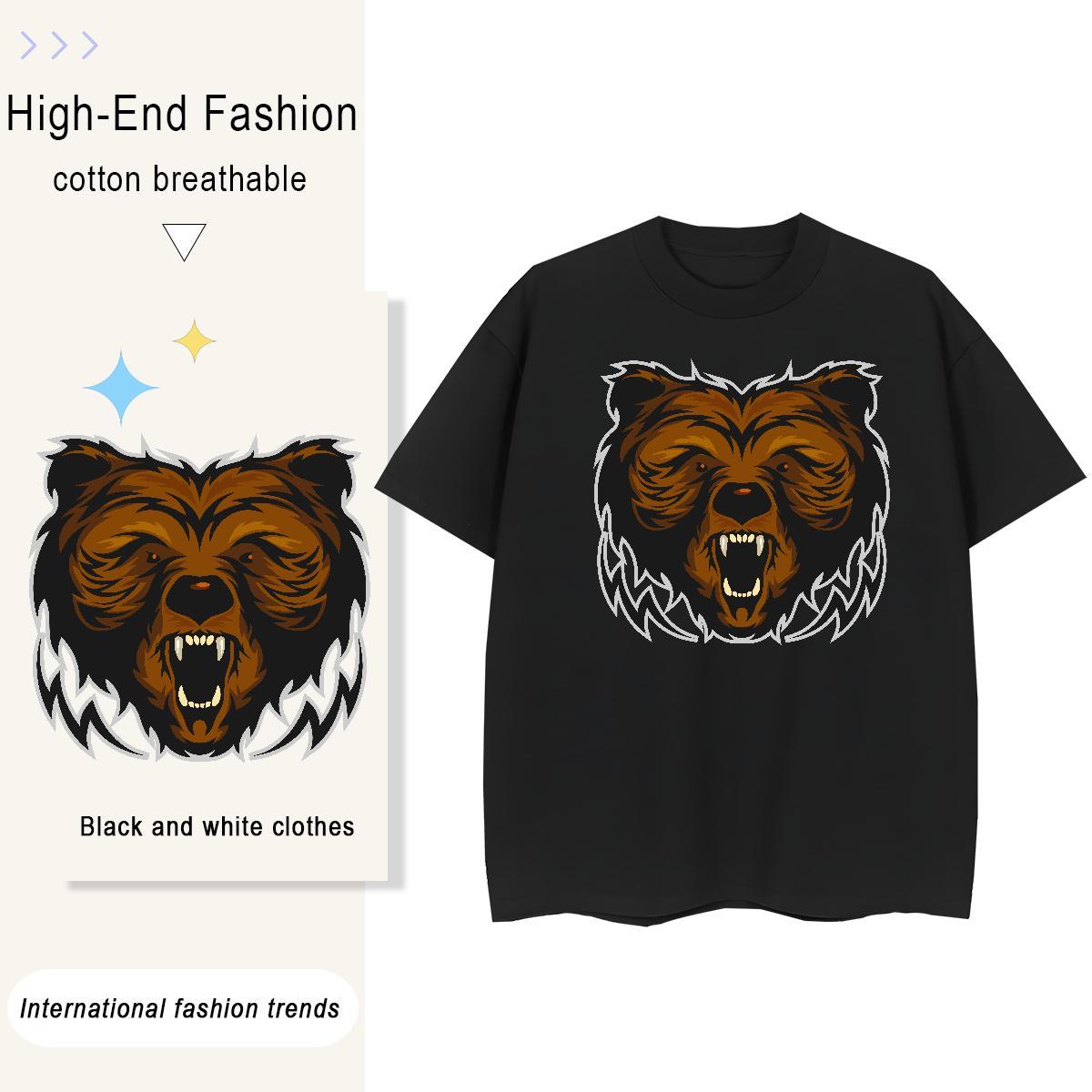Casual New Men Tees bear Beach 100% Cotton 230g Tshirts Crew Neck Breathable Loose T Shirts Men Plus Size Cartoon