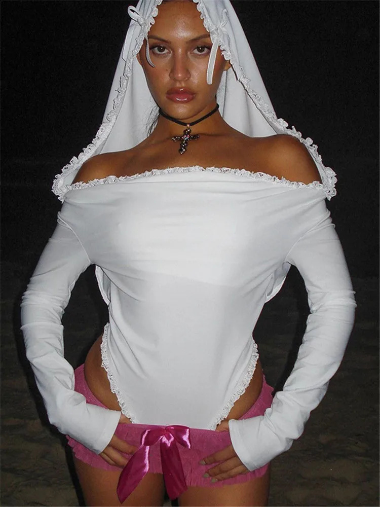 Shestyle White Hooded Slash Neck Bodysuit Women Solid Lace Bow Holy Top Off Shoulder Lingerie Night Club Fantasy Spring 240824