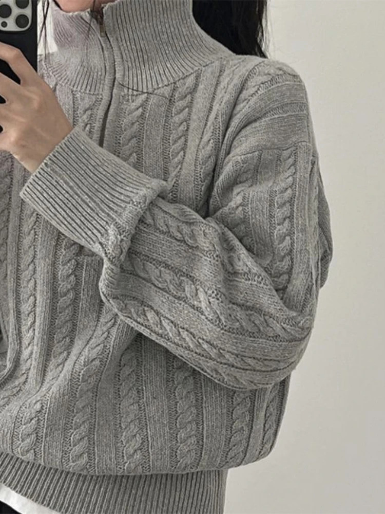 Women Autumn Solid Color Sweater Half High Collar Knit Pullover Baggy Long Sleeve Zipper Lady Knitwear BF Oversize 240824