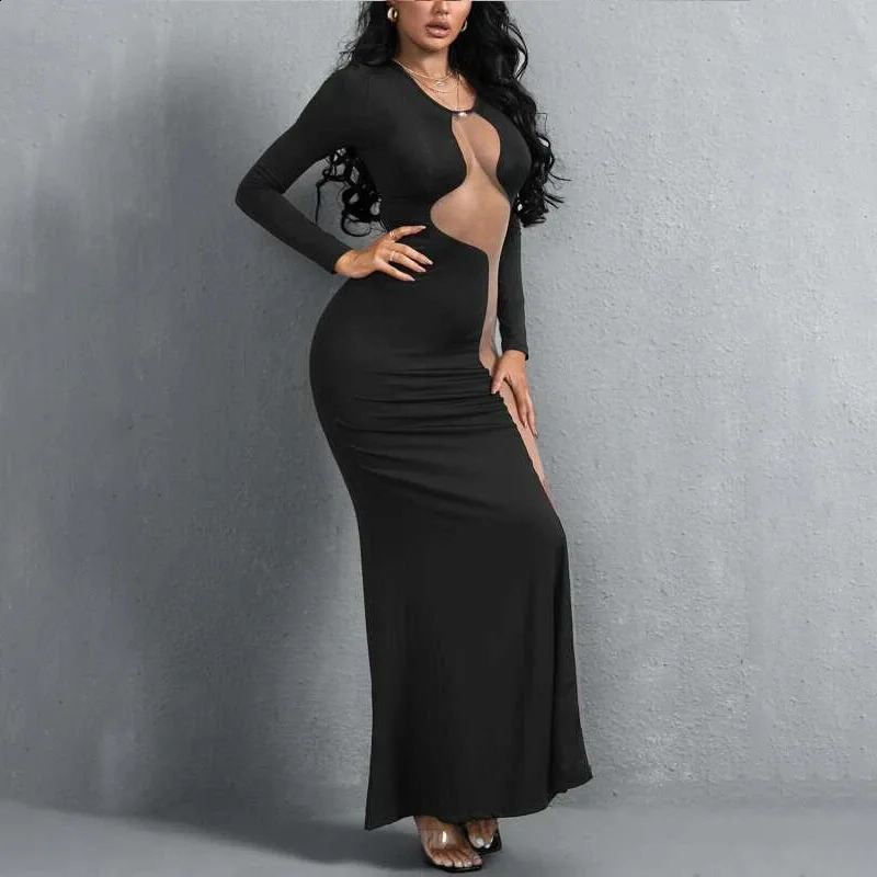 Summer Women Maxi Dress Mesh Stitching Sexy Dress Knitted Long Sleeve Round Neck Slim High Street Party Y2K Attirewear 240823